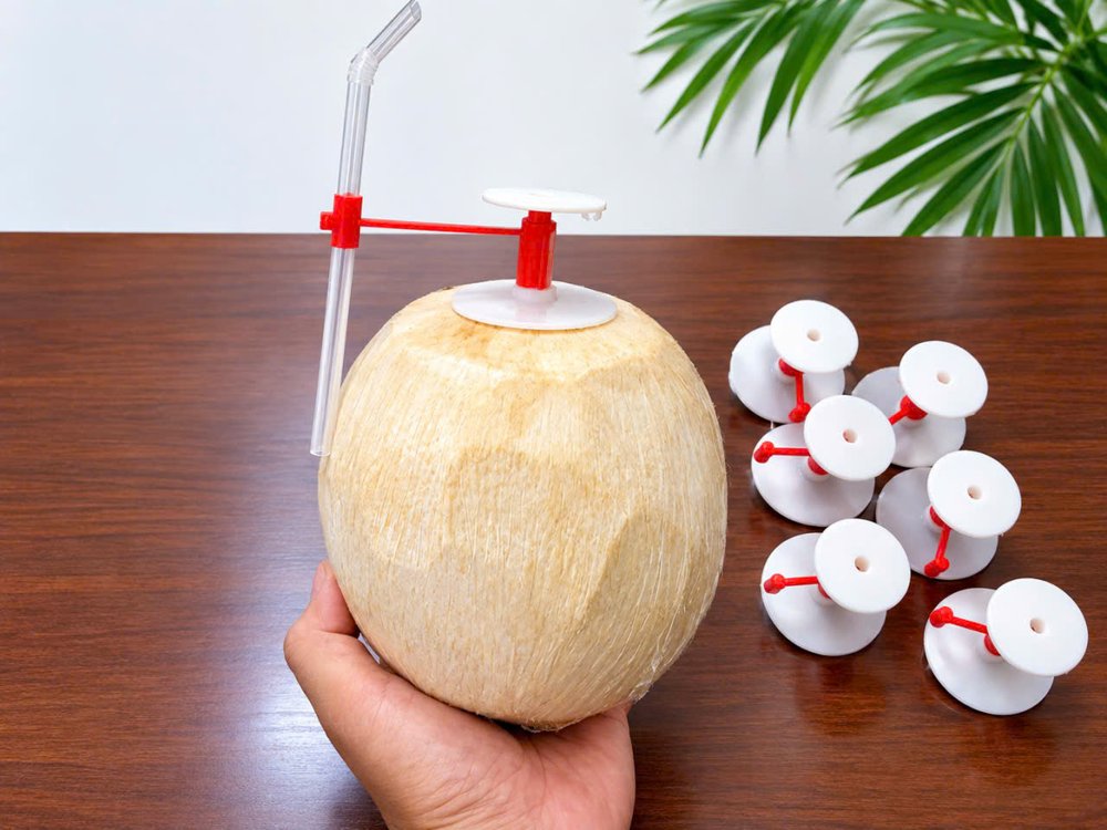 Nút dừa khóa dài với ống hút treo trên khóa gắn trên trái dừa gọt